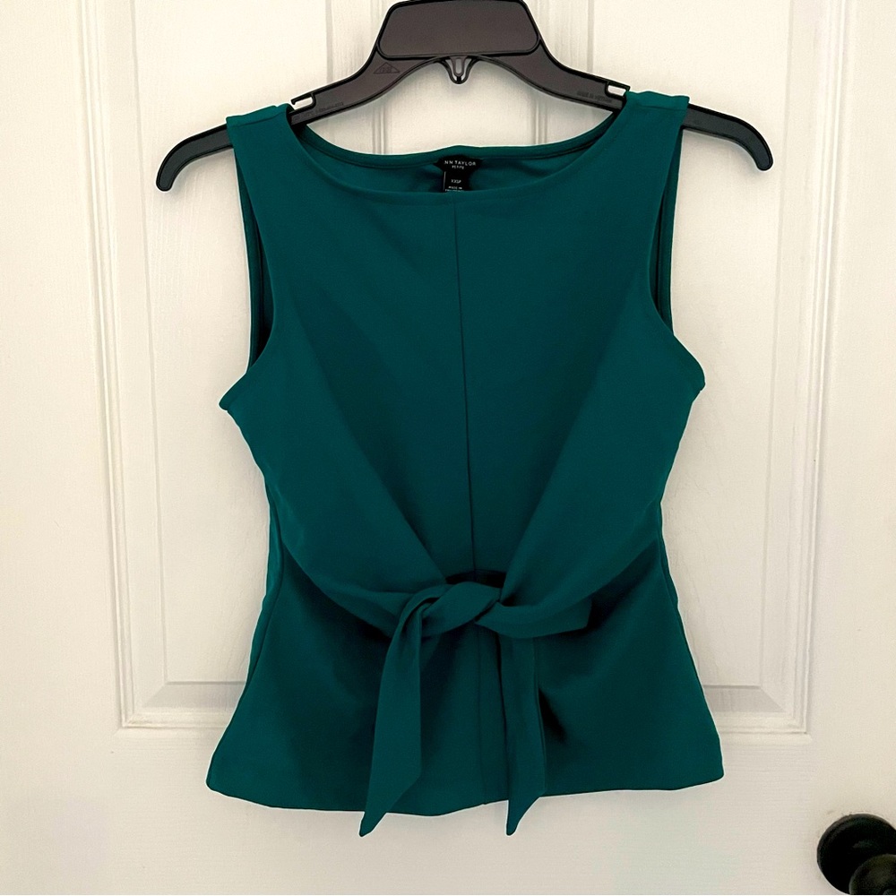 Ann Taylor Emerald Green Sleeveless Tie Gathered Front Scoop Neck Top XXSP